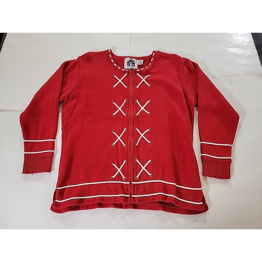 Vintage Storybook Knits Sweater Sz Lg Nantucket Shore Red White Nautical Theme